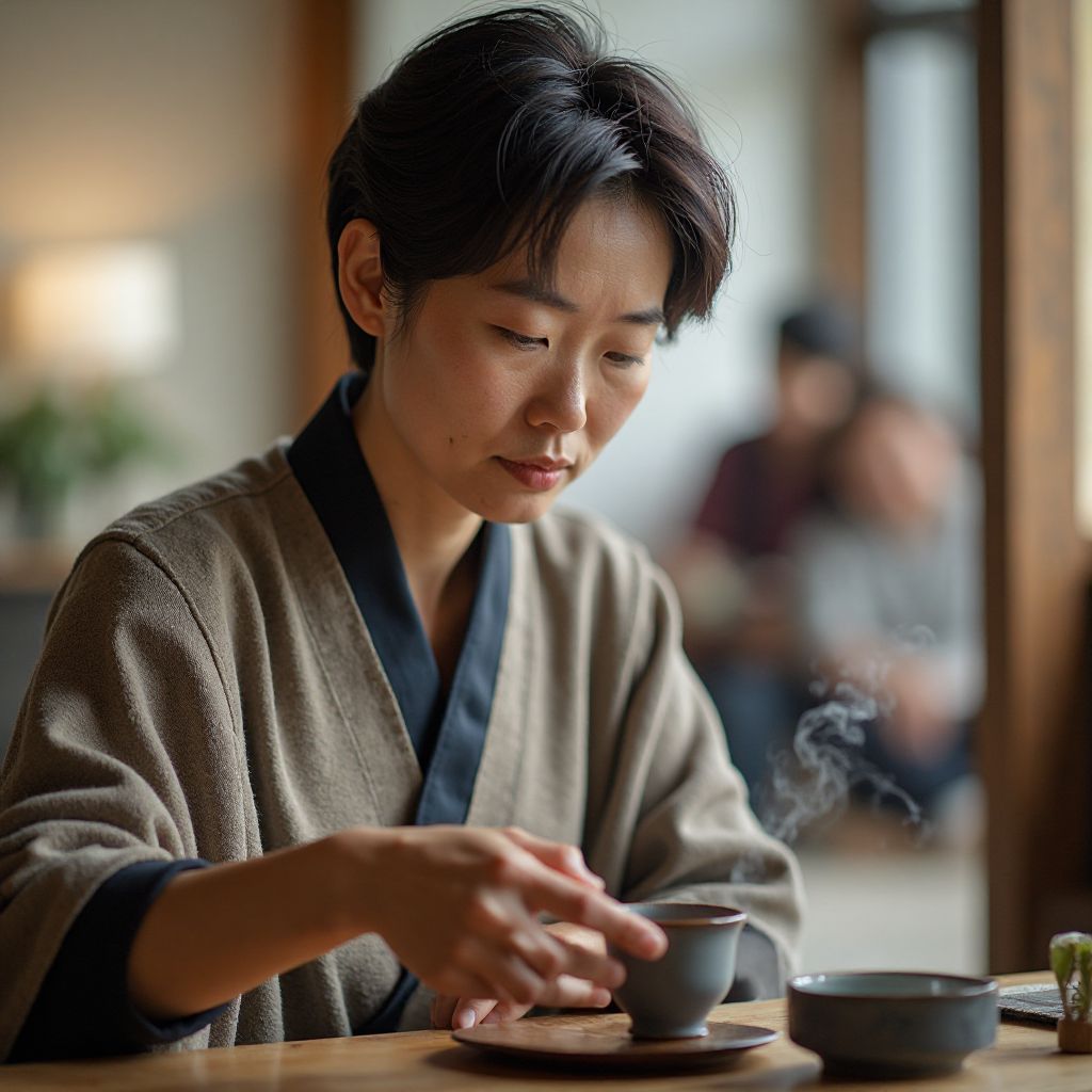 Professional female traveler participating in traditional tea ceremony